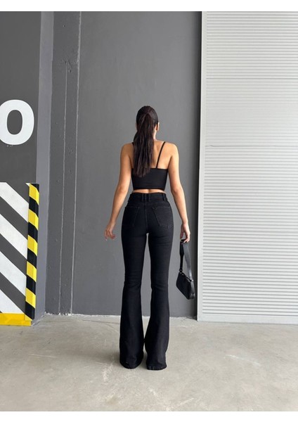 Leo Max Vega Julia 90's Solmayan Siyah Yüksek Bel Ispanyol Paça Comfort Likralı Jeans Pantolon modelleri