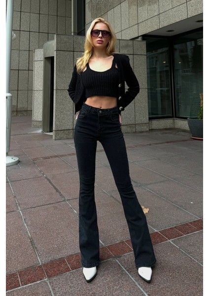 Ispanyol Paça Kot Pantolon Dar Kesim Normal Bel Slim Jean Siyah