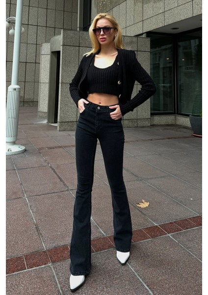 Ispanyol Paça Kot Pantolon Dar Kesim Normal Bel Slim Jean Siyah