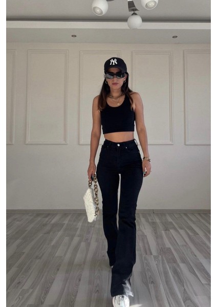High Waist Flare Leg Full Length Stretch Black Jean