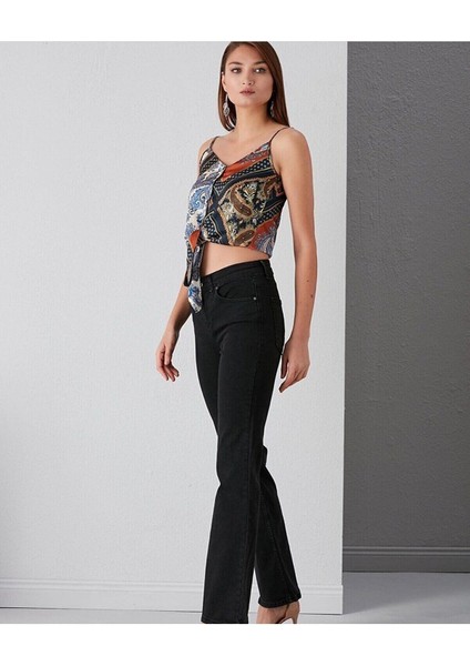 S.t.a.r Simsiyah Kadın Yüksek Bel Ispanyol Paça Paça Wide Leg Jean Kot 2024