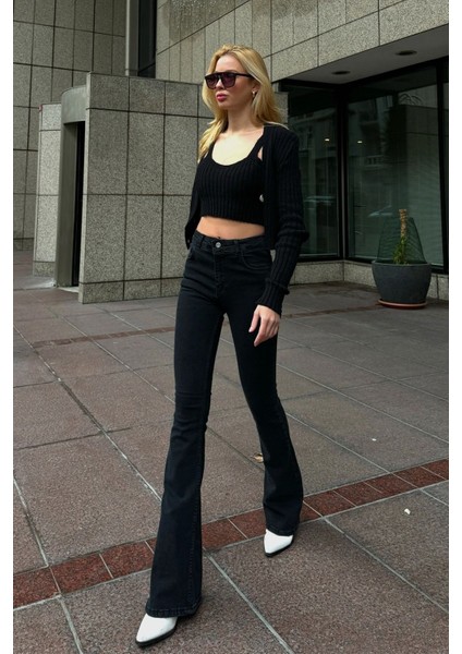 Ispanyol Paça Kot Pantolon Dar Kesim Normal Bel Slim Jean Siyah