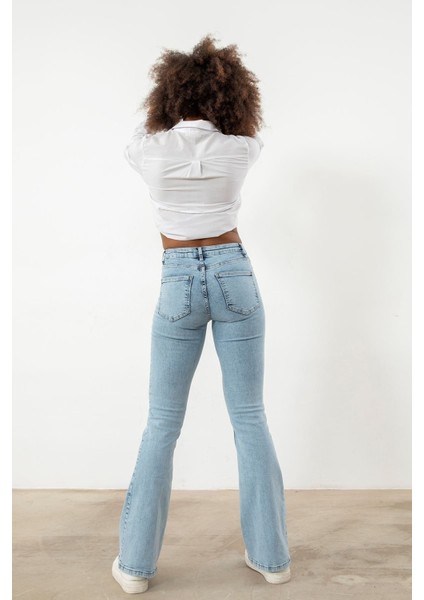 Benjamin Açık Kar Yıkama Ispanyol Paça Kot Pantolon Yüksek Bel Flare Jeans Toparlayıcı