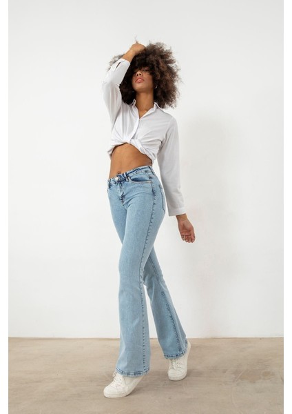Benjamin Açık Kar Yıkama Ispanyol Paça Kot Pantolon Yüksek Bel Flare Jeans Toparlayıcı