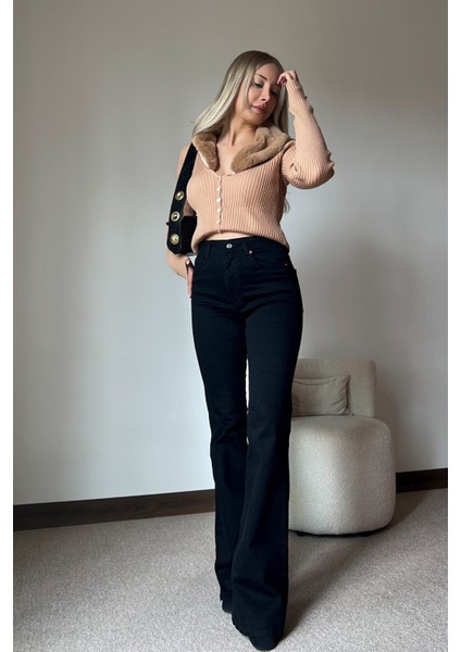 Zero Max Yüksek Bel Esnek Siyah Ispanyol Paça Jeans Pantolon(Tam Kalıp) fiyatları