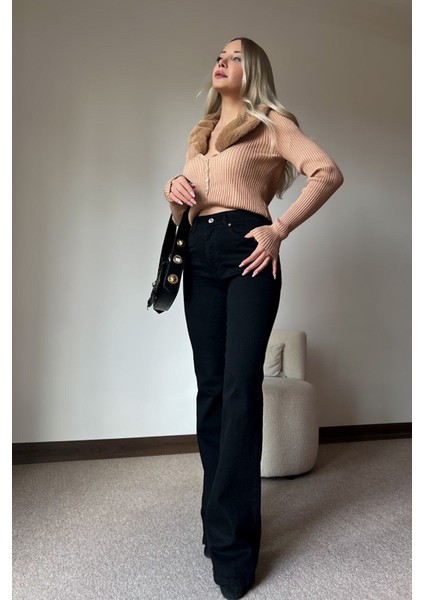 Zero Max Yüksek Bel Esnek Siyah Ispanyol Paça Jeans Pantolon(Tam Kalıp) modelleri