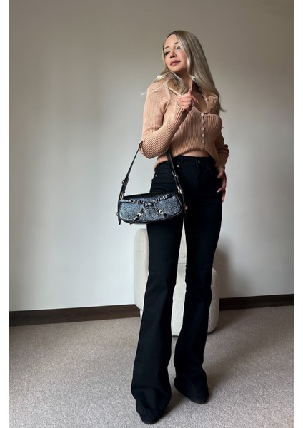 Zero Max Yüksek Bel Esnek Siyah Ispanyol Paça Jeans Pantolon(Tam Kalıp) fırsatları