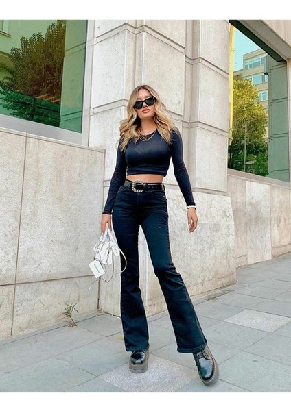 Zero Max Ispanyol Paça Jean Siyah Solmaz Ekstra Likra Yüksek Bel (Toparlayıcı)