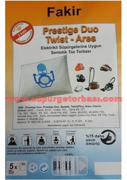 5 Adet Prestige Duo Twist-Ares Elektrikli Süpürgelerine Uygun Sağlıklı Uzun Ömürlü Bez Toz Torbası