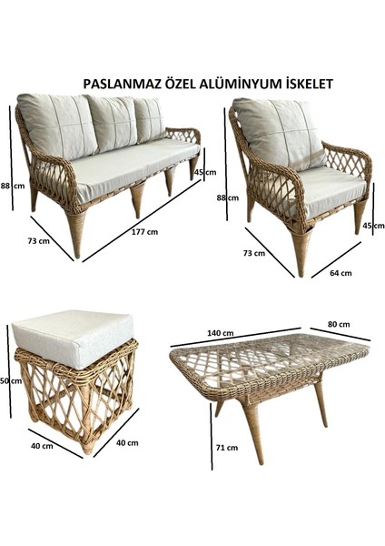 Alüminyum Örme Rattan 3’lü Oturma Grubu Bahçe ve Balkon Takımı