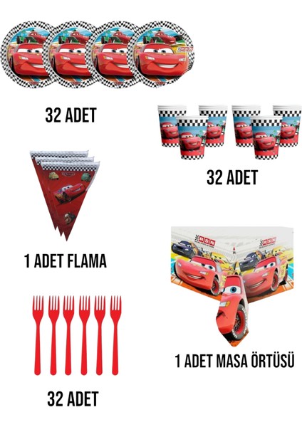 Cars Arabalar Şimşek Mgueen 32 Kişilik Ekonomik Set Doğum Günü Parti Malzemeleri Seti