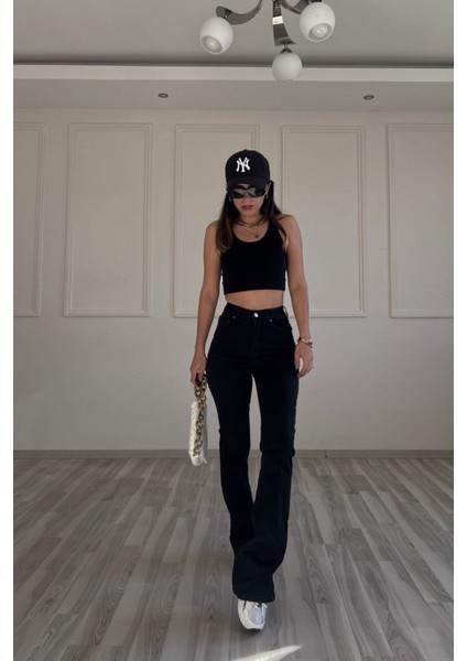 High Waist Flare Leg Full Length Stretch Black Jean fiyatları