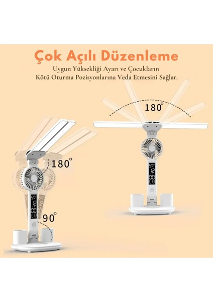 6in1 Fanlı 2başlı Masa Lambası Saat Takvim Derece Kalemlik Şarjlı Masaüstü Fanlı Şarjlı Işık