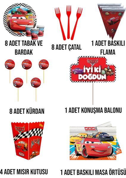 Cars Arabalar Şimşek Mgueen 8 Kişilik Set Doğum Günü Parti Malzemeleri