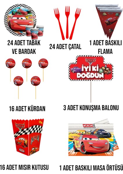 Cars Arabalar Şimşek Mgueen 24 Kişilik Set Doğum Günü Parti Malzemeleri Seti