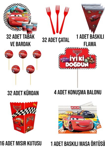 Cars Arabalar Şimşek Mgueen 32 Kişilik Set Doğum Günü Parti Malzemeleri Seti