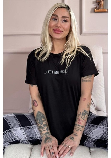 Siyah Just Desenli Bambu Kısa Kol Kadın Pijama Takımı