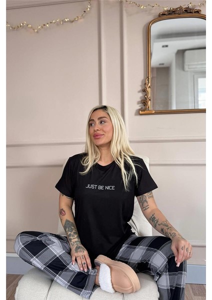 Siyah Just Desenli Bambu Kısa Kol Kadın Pijama Takımı