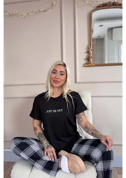 Siyah Just Desenli Bambu Kısa Kol Kadın Pijama Takımı