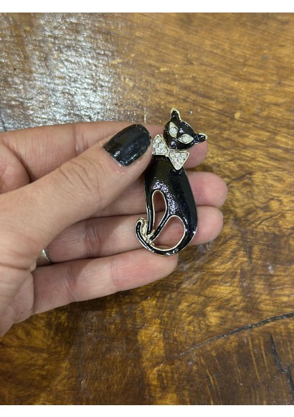 Zirkon Taşlı Siyah Kedi Broş Yaka İğnesi Giyim Aksesuarı 5x3 cm fiyatları