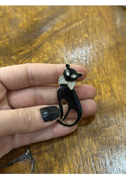 Zirkon Taşlı Siyah Kedi Broş Yaka İğnesi Giyim Aksesuarı 5x3 cm modelleri