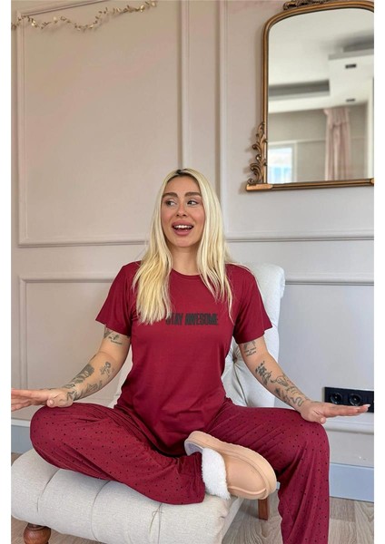 Bordo Stay Desenli Bambu Kısa Kol Kadın Pijama Takımı