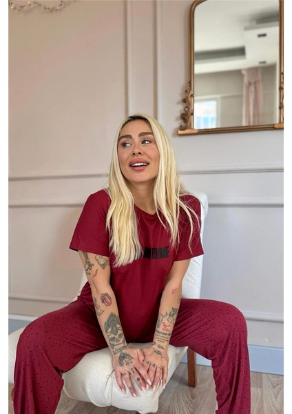 Bordo Stay Desenli Bambu Kısa Kol Kadın Pijama Takımı