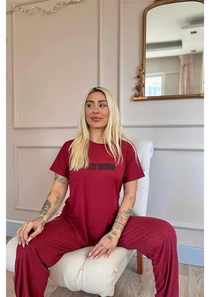 Bordo Stay Desenli Bambu Kısa Kol Kadın Pijama Takımı