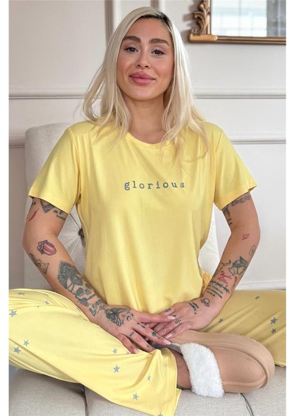Sarı Glorious Desenli Bambu Kısa Kol Kadın Pijama Takımı