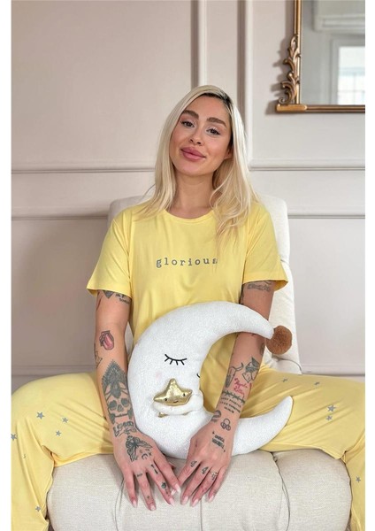 Sarı Glorious Desenli Bambu Kısa Kol Kadın Pijama Takımı