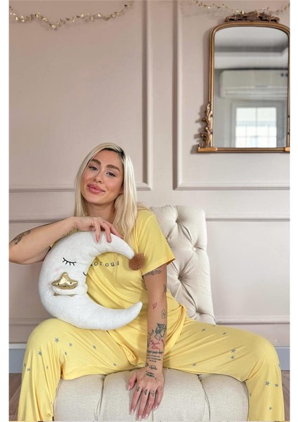 Sarı Glorious Desenli Bambu Kısa Kol Kadın Pijama Takımı