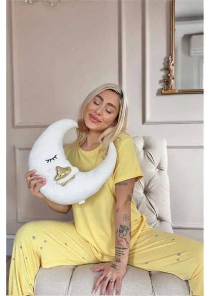 Sarı Glorious Desenli Bambu Kısa Kol Kadın Pijama Takımı