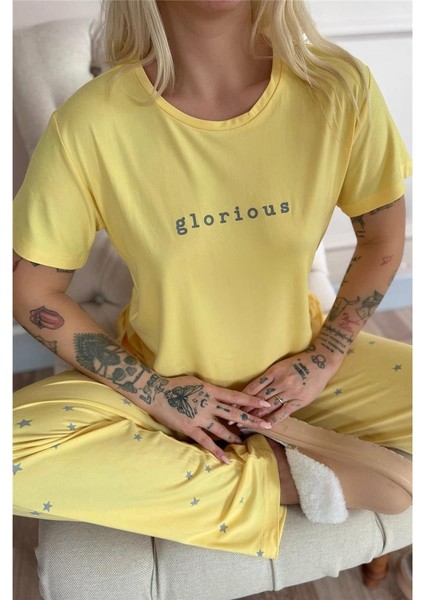 Sarı Glorious Desenli Bambu Kısa Kol Kadın Pijama Takımı