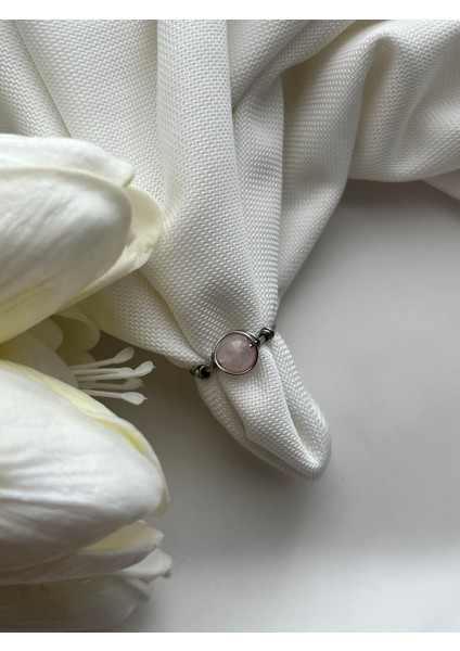 Pembe Kuvars Taşı Çelik Ayarlanabilir Tel Yüzük
