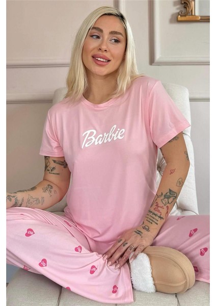 Pembe B Desenli Bambu Kısa Kol Kadın Pijama Takımı