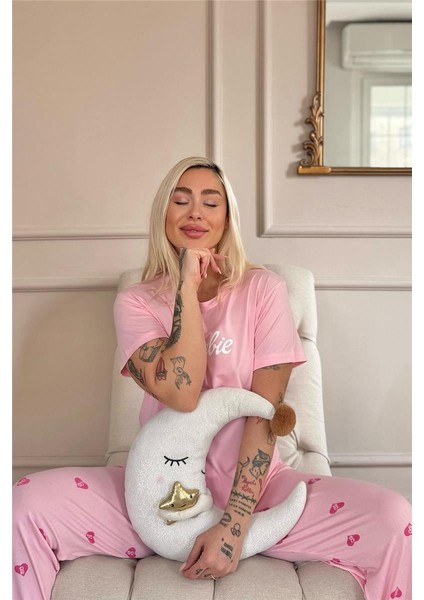 Pembe B Desenli Bambu Kısa Kol Kadın Pijama Takımı