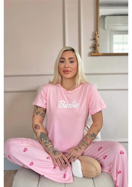Pembe B Desenli Bambu Kısa Kol Kadın Pijama Takımı