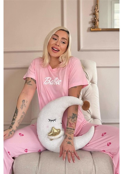 Pembe B Desenli Bambu Kısa Kol Kadın Pijama Takımı