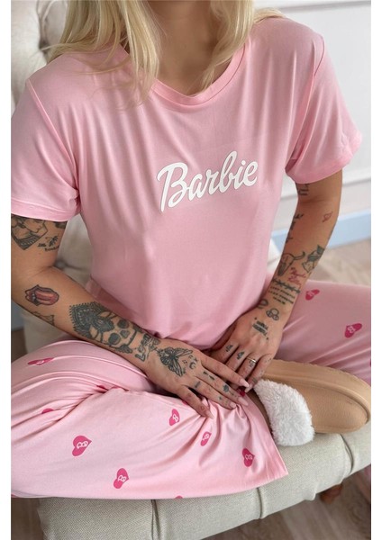 Pembe B Desenli Bambu Kısa Kol Kadın Pijama Takımı
