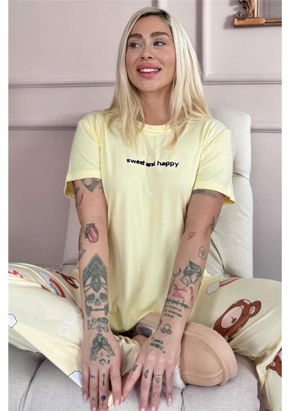 Sarı Sweet Desenli Bambu Kısa Kol Kadın Pijama Takımı