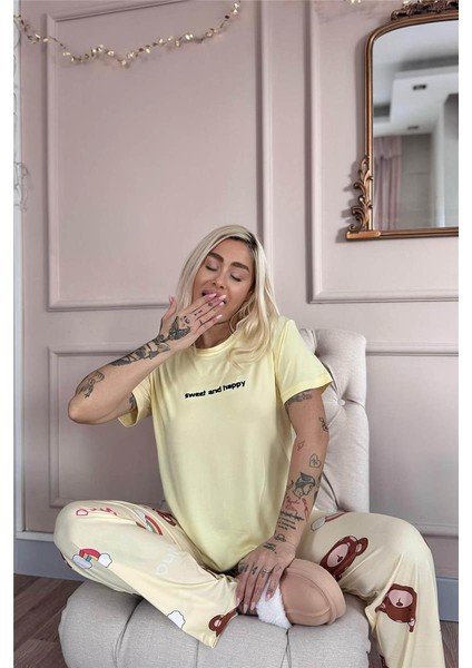 Sarı Sweet Desenli Bambu Kısa Kol Kadın Pijama Takımı