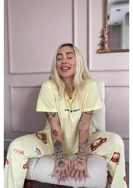 Sarı Sweet Desenli Bambu Kısa Kol Kadın Pijama Takımı