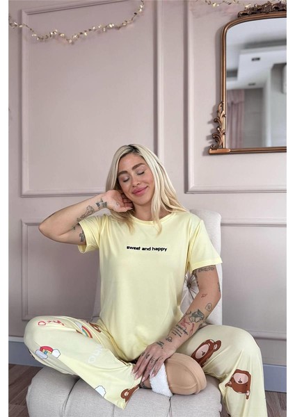 Sarı Sweet Desenli Bambu Kısa Kol Kadın Pijama Takımı