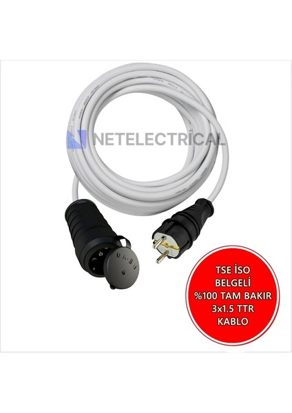 Kauçuk Tekli Topraklı Ara Uzatma Kablosu 4 Metre 3x1.5 mm² Ttr Beyaz Kablolu