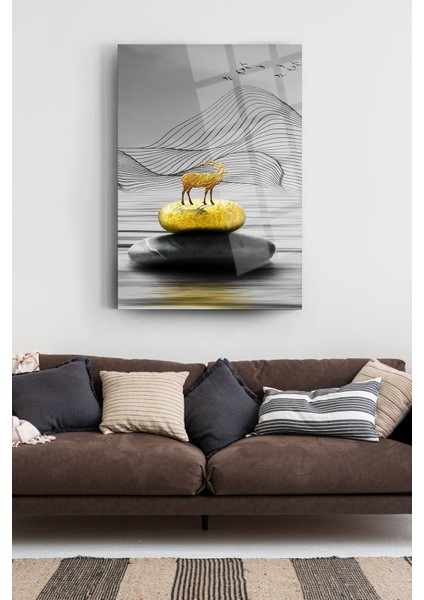 Altın Geyik Cam Tablo Modern Tablo Sürrealist Tablo Ev Dekorasyon Salon Tablosu
