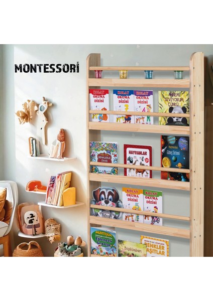 Joykidstoy Doğal Ahşap Montessori Kitaplık ve Oyuncaklık