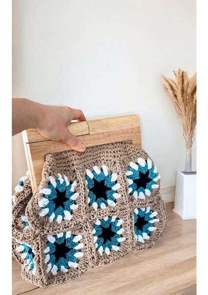 El Yapımı Ahşap Burslu Örgü Motifli Clutch Çanta Bej / Standart