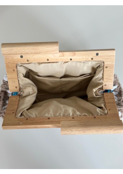 El Yapımı Ahşap Burslu Örgü Motifli Clutch Çanta Bej / Standart fırsatları