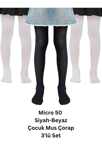 Kız Çocuk 3'lü Micro 50 Den Siyah-Beyaz-Beyaz Mus Külotlu Çorap modelleri