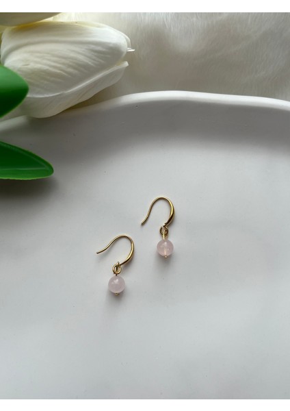 Pembe Kuvars Çelik Altın Sallantı Küpe